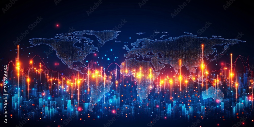 Fototapeta premium Global Stock Market Data Visualization, Financial Chart with World Map, Blue and Orange Candlesticks