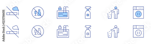 Hotel Management icon set in two styles, Duotone and Thin Line style. Editable stroke. pest service roaches bed bugs, put trash in dumpster, smoke free, drinking alcohol in public