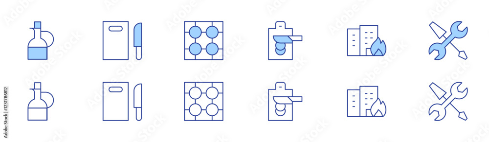 Hotel Management icon set in two styles, Duotone and Thin Line style. Editable stroke. vinegar, cutting board, fire in apt, work order, burner Hotel Management icon set in two styles, Duotone and Thin Line style. Editable stroke. vinegar, cutting board, fire in apt, work order, burner