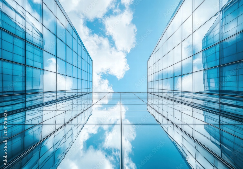 Two tall buildings with a clear blue sky above them Two tall buildings with a clear blue sky above them