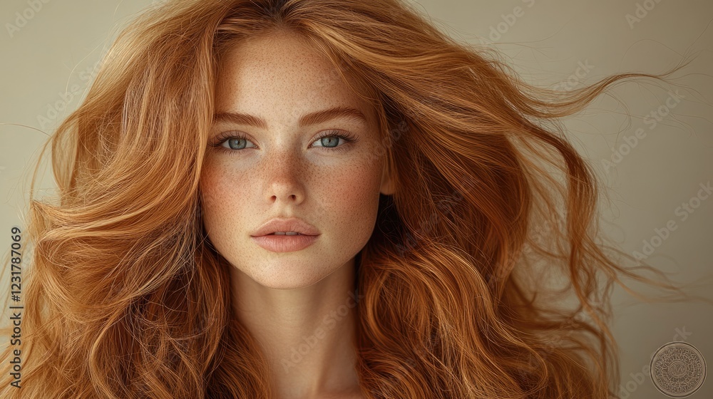 Obraz premium Close up portrait of a woman with flowing red hair and freckled skin
