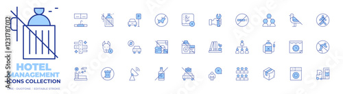 Hotel Management icons collection. Line Duotone style, editable stroke. pest service roaches bed bugs, cardboard box broken down, haul away furniture service, diving, washerdryer