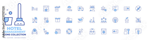 Hotel Management icons collection. Line Duotone style, editable stroke. put trash in dumpster, parking pass sticker, loud boom box, washerdryer, work order, community manager