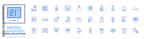 Hotel Management icons collection. Line Duotone style, editable stroke. oven, cooking oil, abrasive detergent, wipes down toilet, battery, couch, apt home, bathtubshower