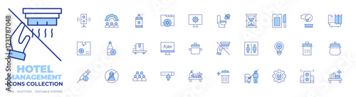 Hotel Management icons collection. Line Duotone style, editable stroke. shelf, haul away furniture service, crime free, drinking alcohol in public, guests, online portal, empty pot, ajax