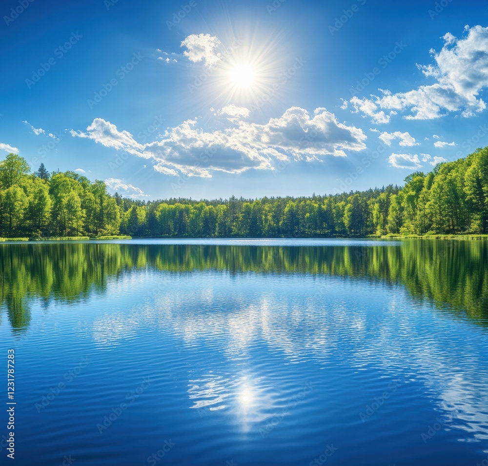 Fototapeta premium A beautiful lake with a bright sun shining on it