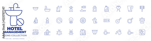 Hotel Management icons collection. Thin Line icons, editable stroke. long time, vinegar, sink strainer, cooking oil, abrasive detergent, light bulb, work order, propane tank, bathtubshower