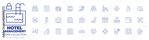 Hotel Management icons collection. Thin Line icons, editable stroke. pest service roaches bed bugs, put trash in dumpster, dining chair, guests, clean dryer lint out each load, apt home, office