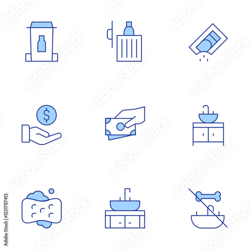 Hotel Management icons set. Line Duotone style, editable stroke. banking soda, kitchen sink, soft sponge, fine, dispose of cooking oil, plastic glass bone