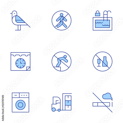 Hotel Management icons set. Line Duotone style, editable stroke. haul away furniture service, smoke free, drinking alcohol in public, diving, washerdryer, book an appt