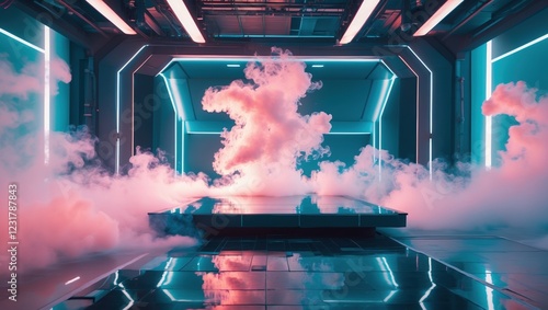 Futuristic Neon Scene with Reflective Platform and Smoke for product shots