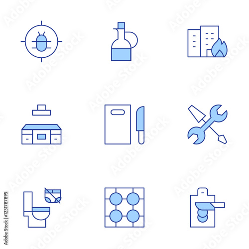 Hotel Management icons set. Line Duotone style, editable stroke. vinegar, cutting board, diapers down toilet, fire in apt, work order, pests, burner, coutnertop kitchen