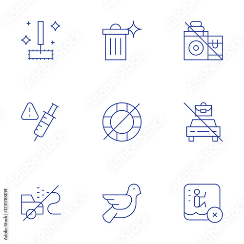 Hotel Management icons set. Thin Line style, editable stroke. clean up your trash, cleaning kitchen floor, drug free, no life guard, dont overload machine, working on car