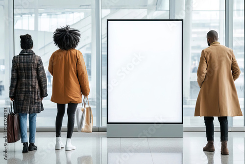 People engaging with a poster display at an airport.