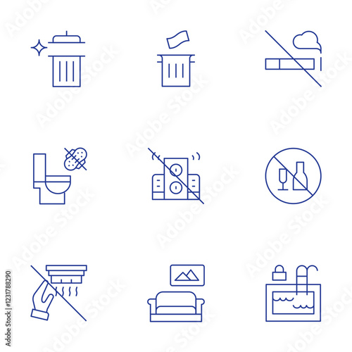 Hotel Management icons set. Thin Line style, editable stroke. feminie products down toilet, clean up your trash, put trash in dumpster, smoke free, loud boom box, drinking alcohol in public photo