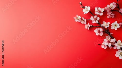 Blossoming Cherry Branch Against Vibrant Red Background photo