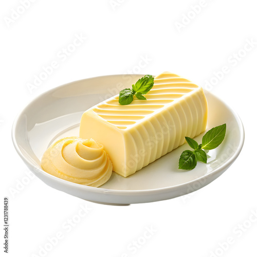 Fresh butter on white butter dish isolated on white background