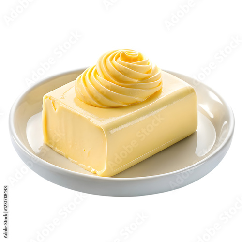 Fresh butter on white butter dish isolated on white background