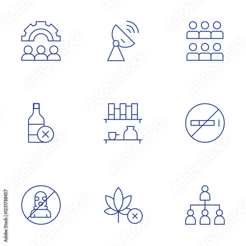 Hotel Management icons set. Thin Line style, editable stroke. shelf, TV satellite dish on bldg roof line, smoke free, drinking alcohol in public, guests, community manager