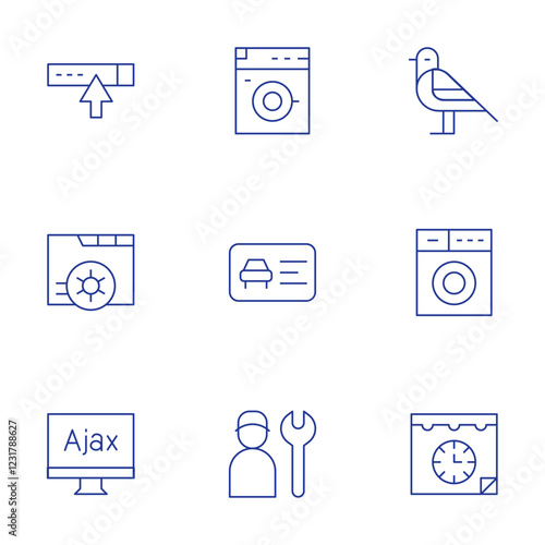 Hotel Management icons set. Thin Line style, editable stroke. work order, pigeon, parking pass sticker, washerdryer, online portal