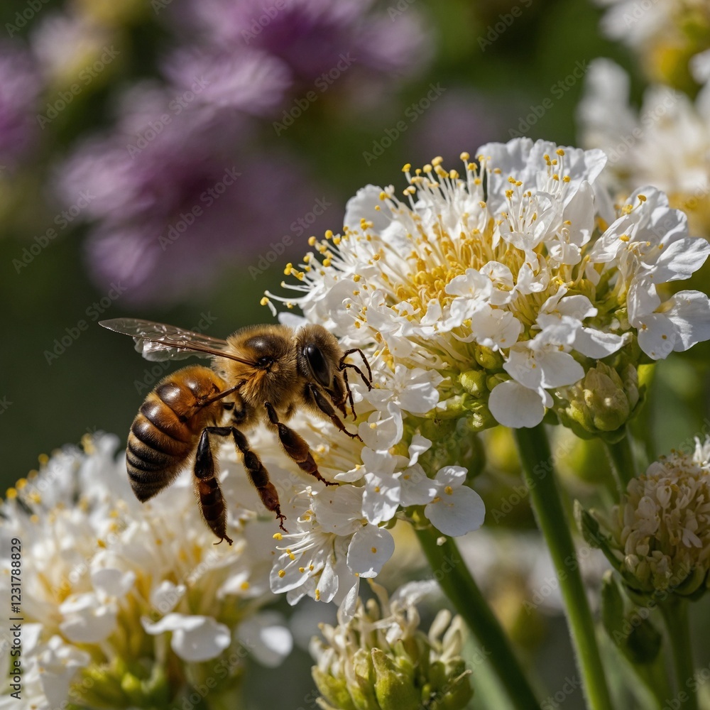 A honeybee collecting nectar from a flower, zoomed in for a detailed view. A honeybee collecting nectar from a flower, zoomed in for a detailed view.