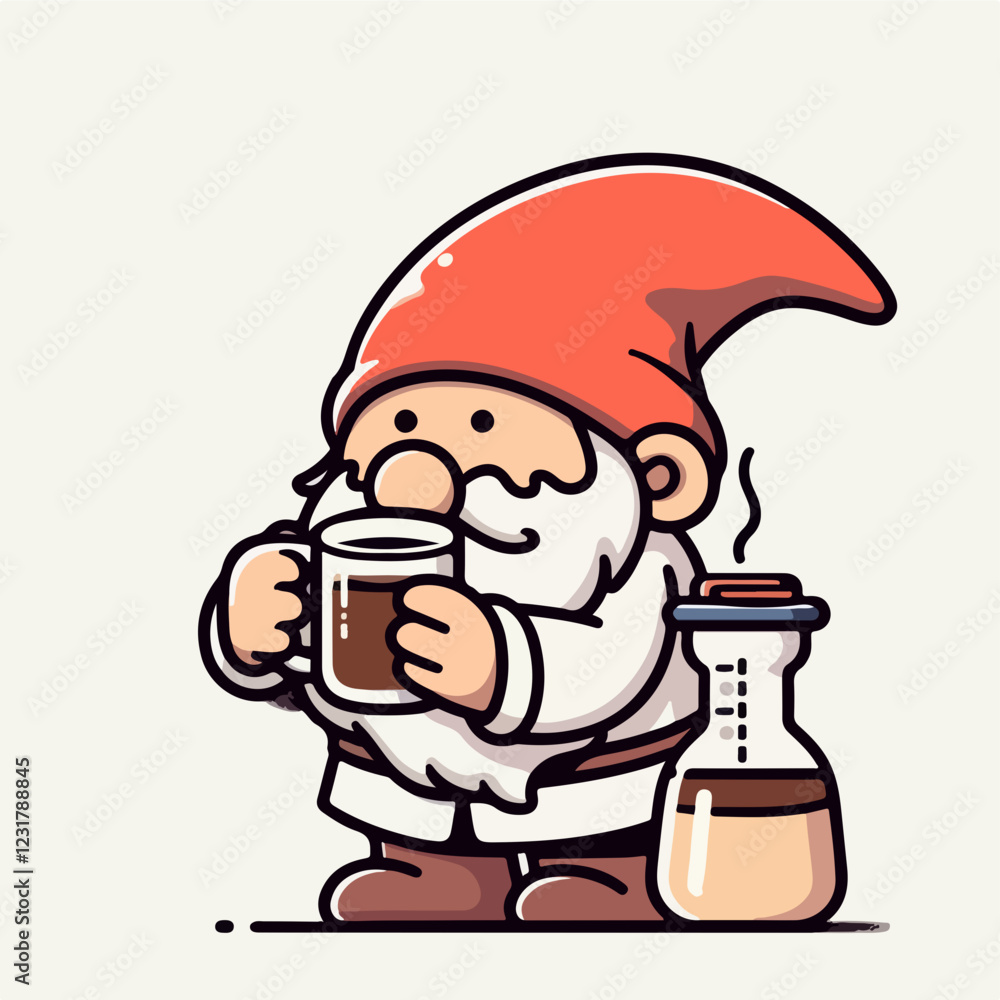 Coffee Break with a Gnome: A delightful illustration of a whimsical gnome, dressed in traditional attire, enjoying a warm cup of coffee. This cheerful scene, rendered in vibrant colors. Coffee Break with a Gnome: A delightful illustration of a whimsical gnome, dressed in traditional attire, enjoying a warm cup of coffee. This cheerful scene, rendered in vibrant colors.