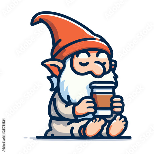 Cozy Coffee Gnome: A charming cartoon gnome enjoys a moment of peaceful relaxation, sitting cross-legged and contentedly sipping from a takeaway coffee cup.