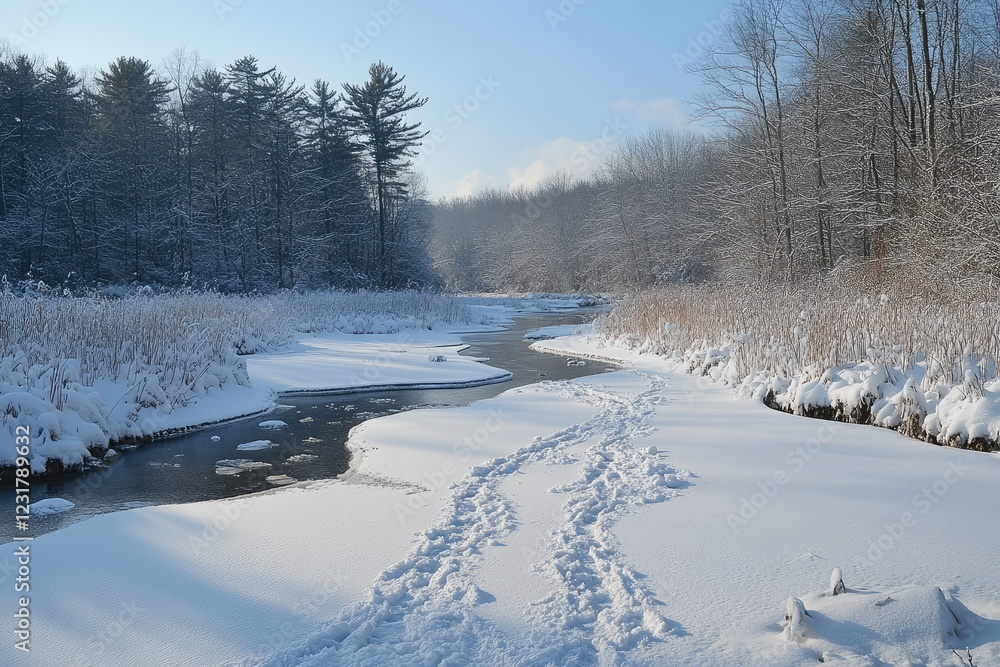 A frozen river with signs of wildlife crossing recently, hinting at unseen activity in the cold landscape. A frozen river with signs of wildlife crossing recently, hinting at unseen activity in the cold landscape.