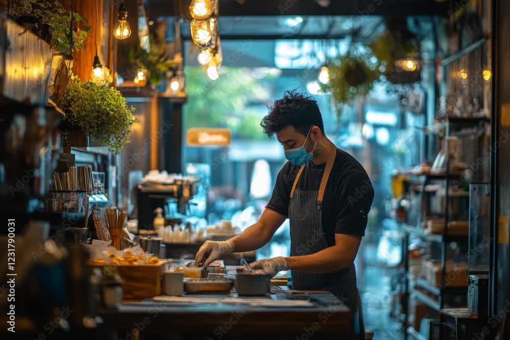 cafe owner cleaning table before open in covid 19 situation cafe owner cleaning table before open in covid 19 situation