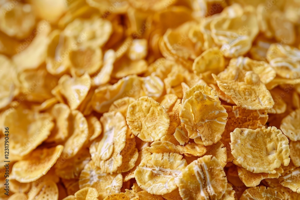 Close up view of crispy golden cornflakes, creating an enticing backdrop for a nutritious breakfast Close up view of crispy golden cornflakes, creating an enticing backdrop for a nutritious breakfast