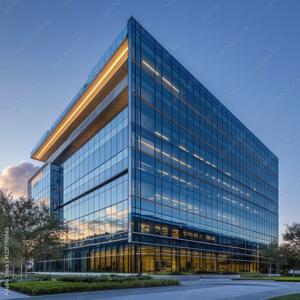 A large glass building with a bright blue color A large glass building with a bright blue color