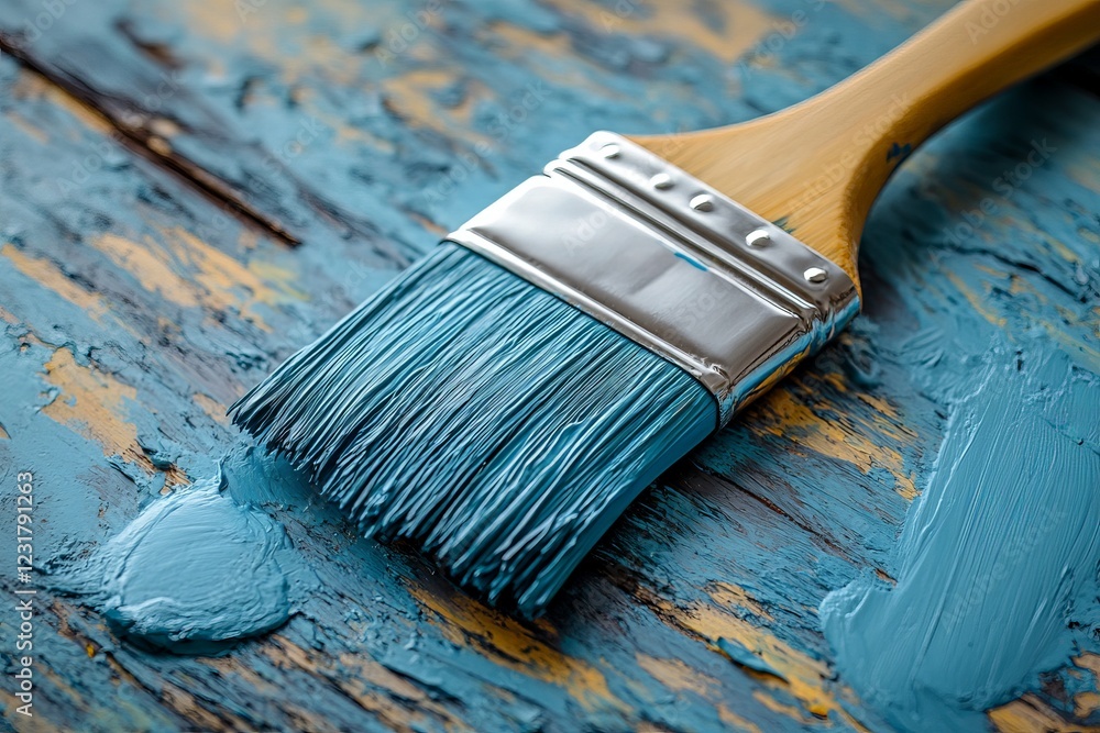 Fototapeta premium Brush with teal paint rests on weathered wood surface revealing creative restoration process
