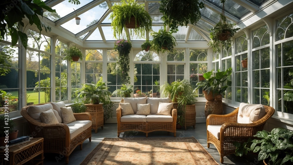 Cozy Wicker Conservatory with Lush Plants and Sunlight Cozy Wicker Conservatory with Lush Plants and Sunlight