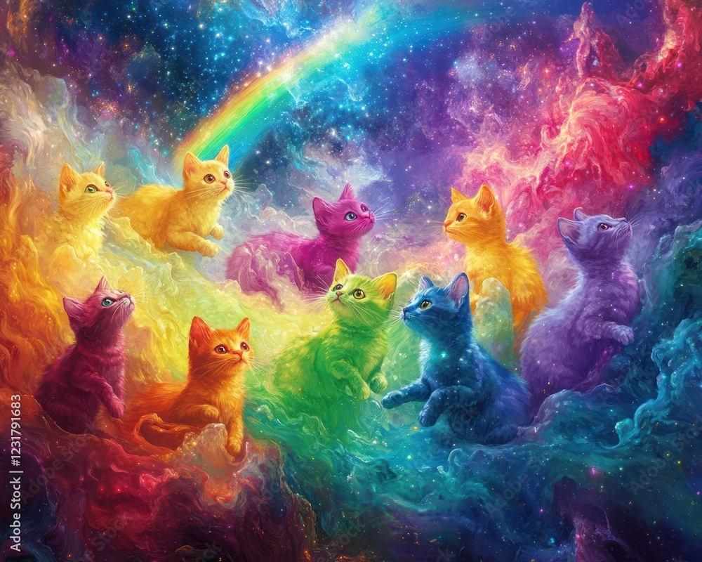 Rainbow Kittens Gaze at Cosmic Nebula Rainbow Kittens Gaze at Cosmic Nebula