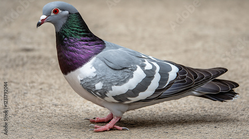 Close-up of pigeon showing iridescent feathers. Perfect for urban wildlife, bird photography, and nature detail studies. photo