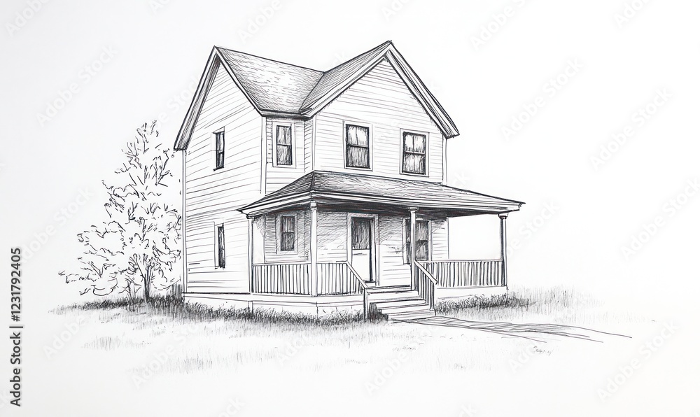 Two Story House Drawing With Porch And Tree Two Story House Drawing With Porch And Tree