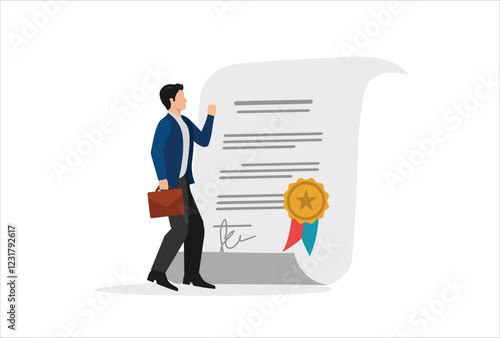 Certificate for taking course, license stamp or education certification guarantee, award for excellent work or diploma document, happy businessman with star certificate paper for work achievement.