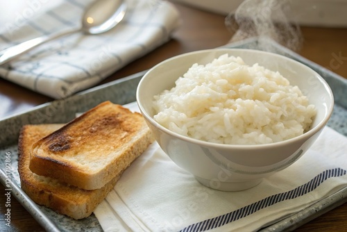 toast and plain rice bowl tray. Bland diet for recovery