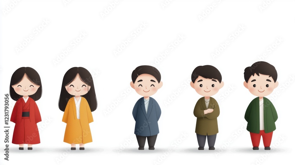 Five Stylized Pixel Art Characters in Colorful Coats on White Background Five Stylized Pixel Art Characters in Colorful Coats on White Background