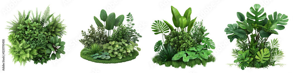Fototapeta premium Lush green leaves and foliage in natural landscape arrangement Diverse tropical or temperate plants botanical garden indoor or outdoor botanical display