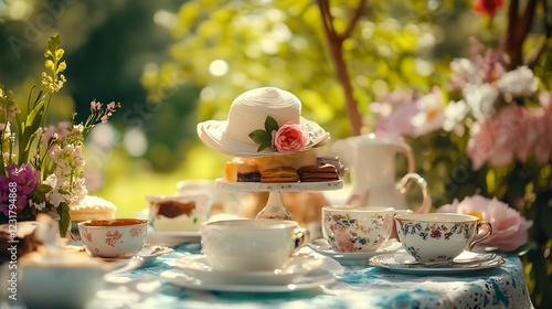 A serene tea party in a garden with fine china, floral decorations, and guests wearing summer hats.