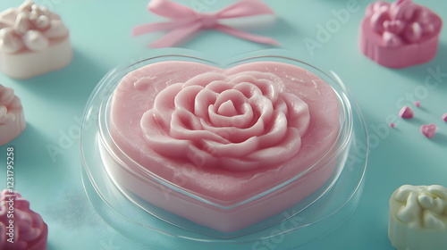 3D Illustration Pink Heart-Shaped Rose Soap, Floral Soaps, and Decorative Ribbon on a Teal Background