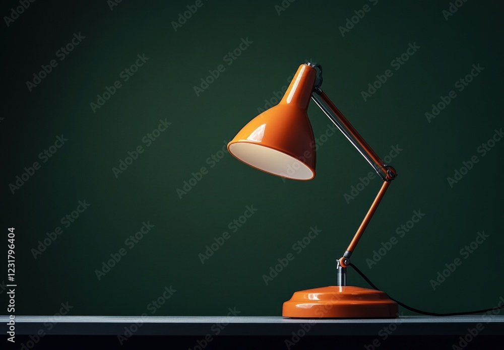 A bright orange lamp sits on a table in front of a green wall A bright orange lamp sits on a table in front of a green wall