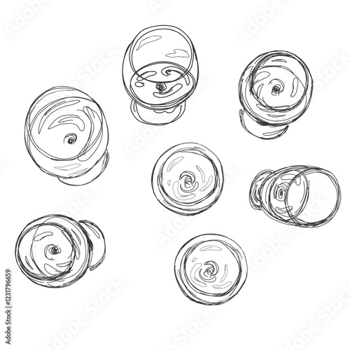Wine glasses. Top view. Clean outline and minimal design elements for wine tasting, degustation, wine club, vineyard promotion, flyer and ads. Black and White Sketch for menu design.