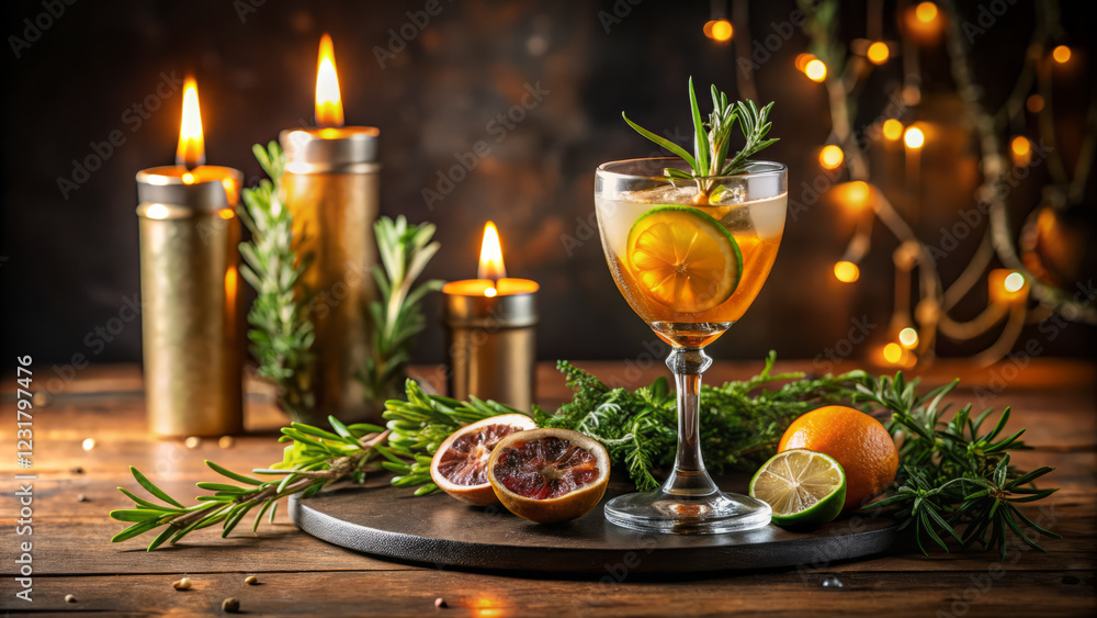 Refreshing passion fruit spritzer garnished with citrus and herbs, surrounded by candles and greenery, creating warm and inviting atmosphere Refreshing passion fruit spritzer garnished with citrus and herbs, surrounded by candles and greenery, creating warm and inviting atmosphere