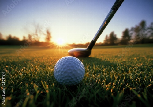 A golf ball is on the grass next to a golf club
