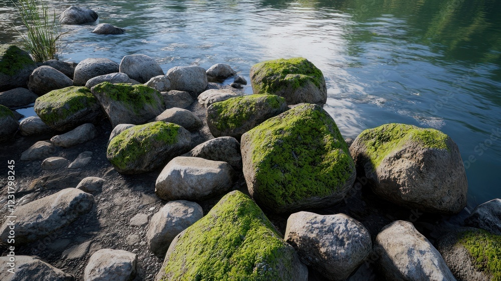 Green Moss Covered Rocks by a Calm River Green Moss Covered Rocks by a Calm River