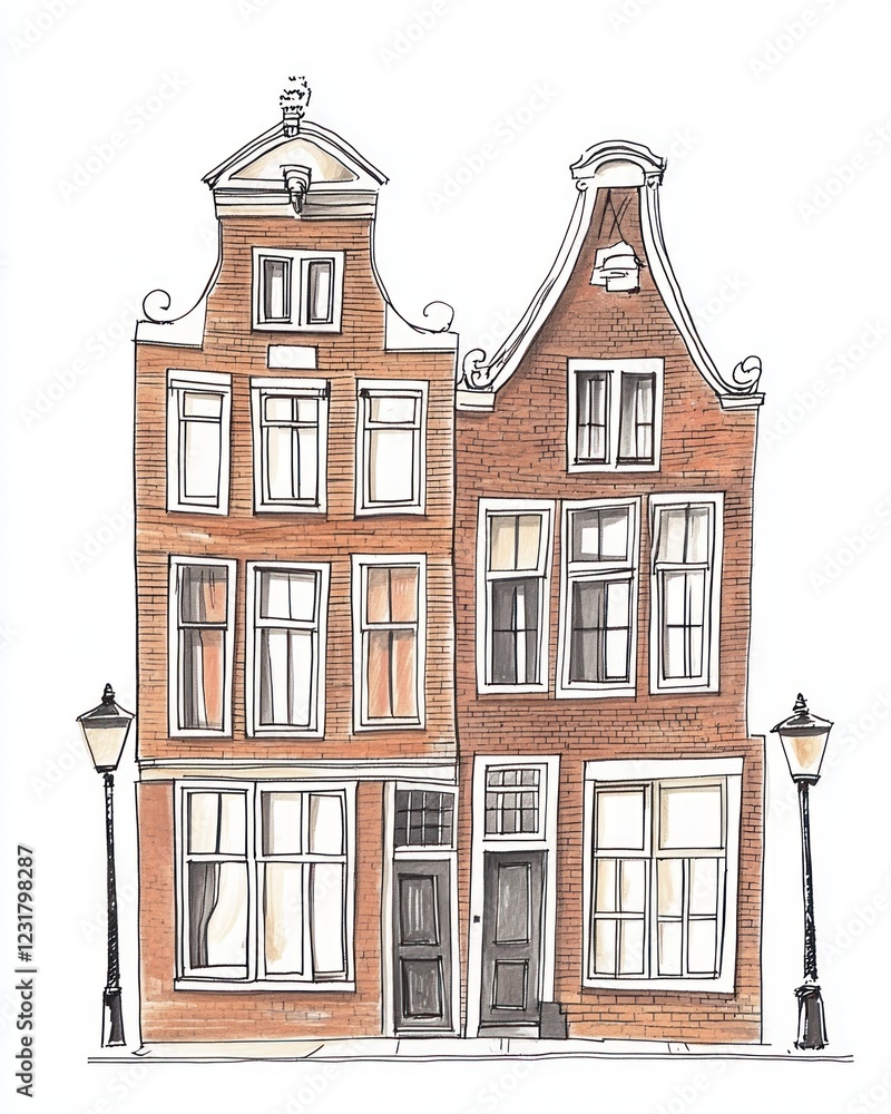 Fototapeta premium Two Attached Brick Houses With Street Lamps