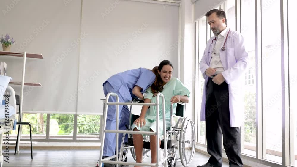 Hispanic orthopedic team carefully help patient use walker from sick mobility, providing specialized musculoskeletal care, specialist encourage rehabilitation protocol for health care recovery injury Hispanic orthopedic team carefully help patient use walker from sick mobility, providing specialized musculoskeletal care, specialist encourage rehabilitation protocol for health care recovery injury
