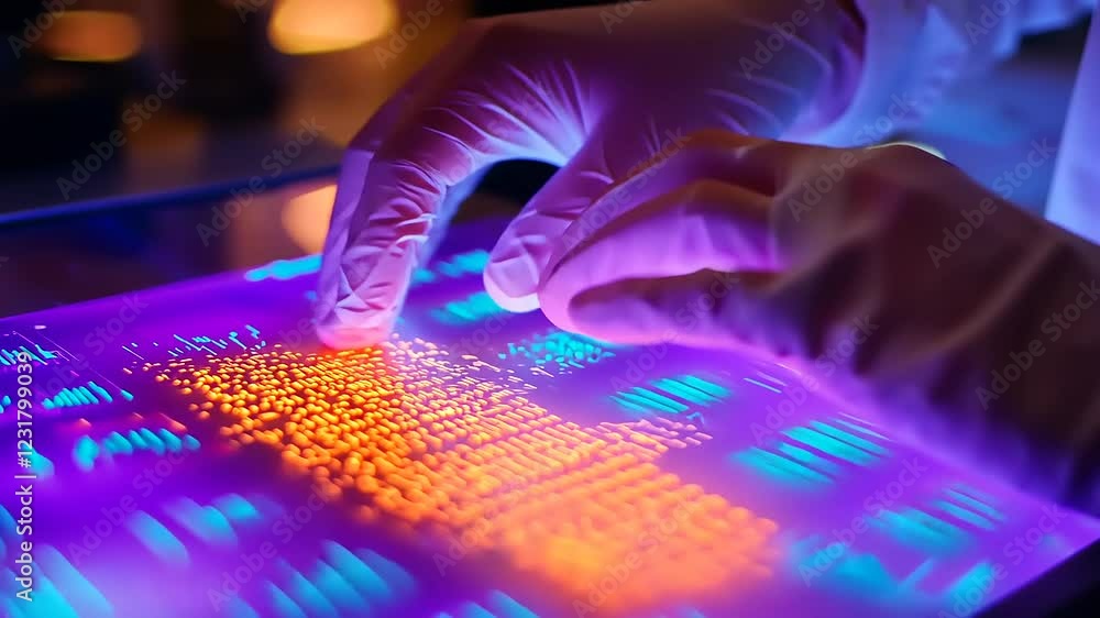 Scientist analyzing colorful gel electrophoresis results in a laboratory setting with glowing lights